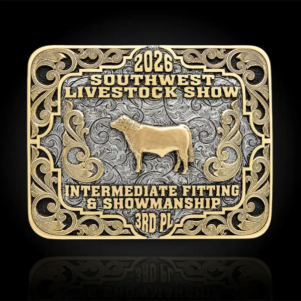 A custom livestock show belt buckle award for Southwest Livestock Show featuring a cow figure 